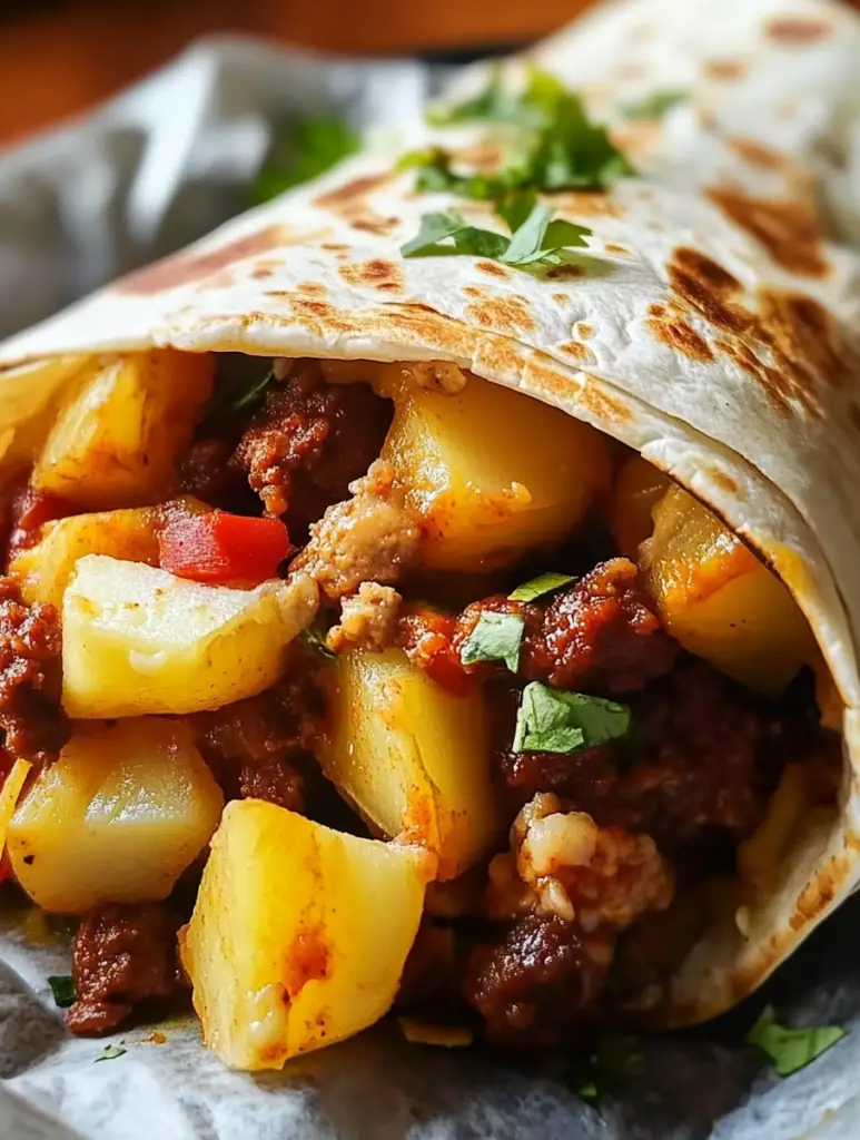 Breakfast Burrito with Potatoes and Chorizo