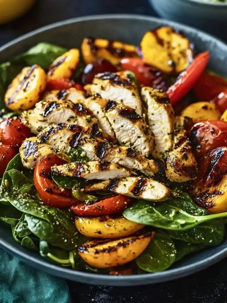 Spinach Salad with Grilled Veggies and Herb Chicken