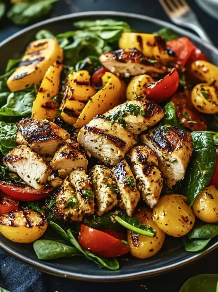 Spinach Salad with Grilled Veggies and Herb Chicken