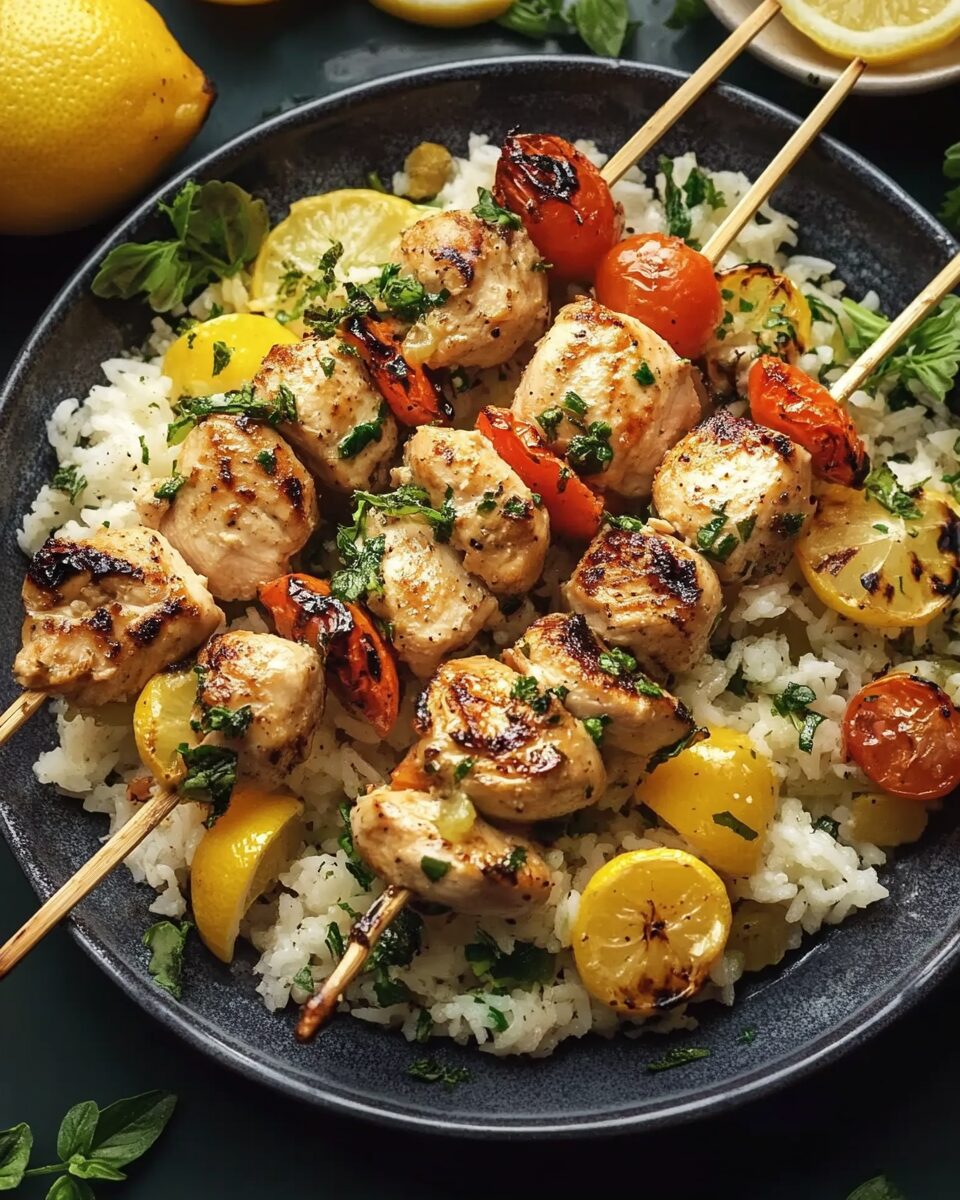 Greek Chicken Skewers with Lemon Rice