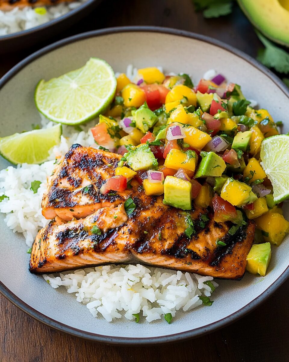 Grilled Lime Salmon with Avocado-Mango Salsa and Coconut Rice
