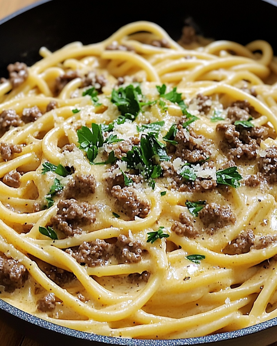 One Pot Creamy Beef and Garlic Butter Pasta