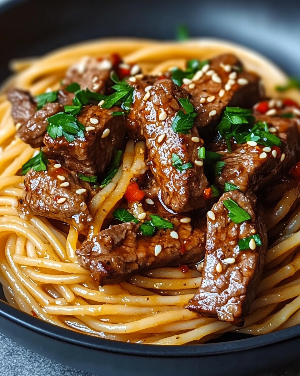 Sweet and Spicy Garlic Steak Pasta
