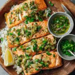 Miso Butter Salmon with Sizzled Scallion Salsa Verde