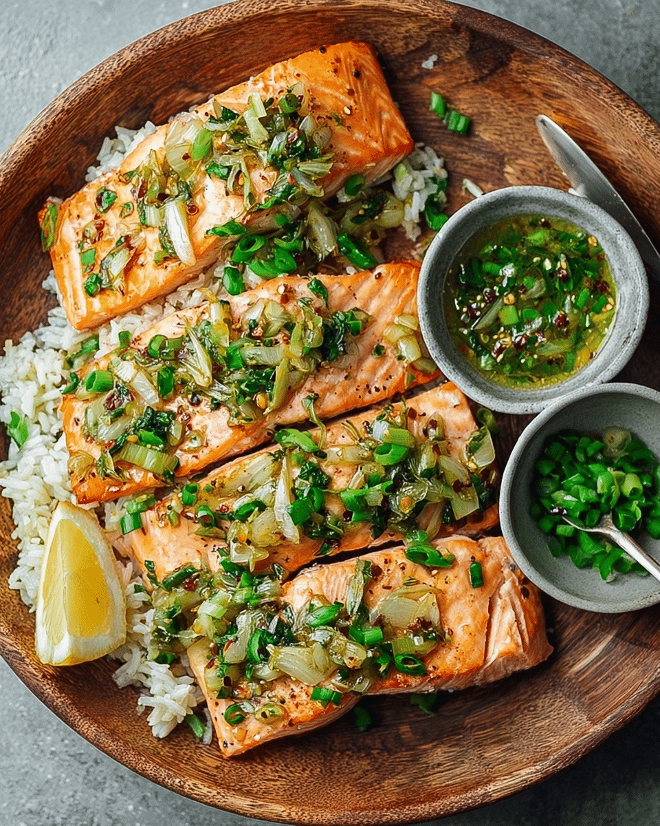 Miso Butter Salmon with Sizzled Scallion Salsa Verde