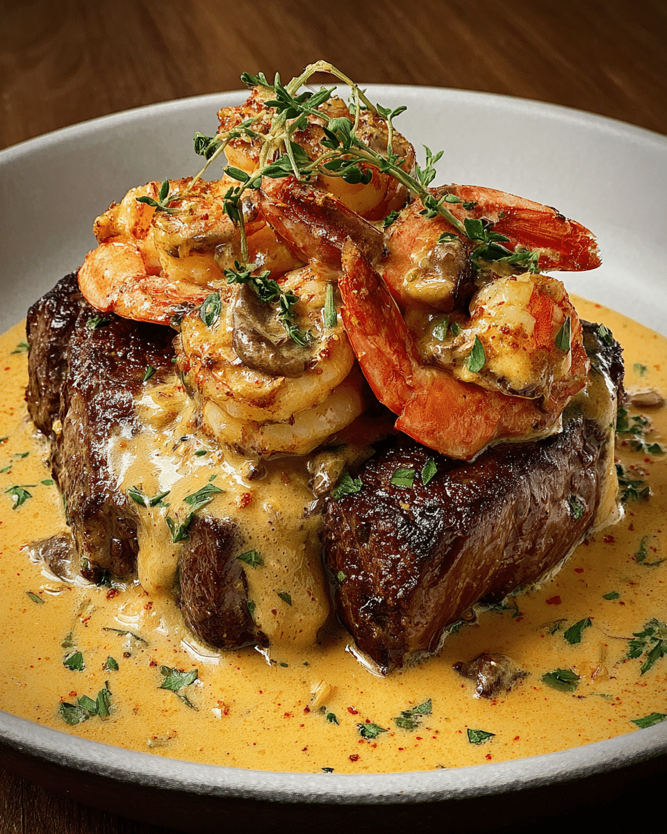 Steak with Shrimp & Lobster Cream Sauce