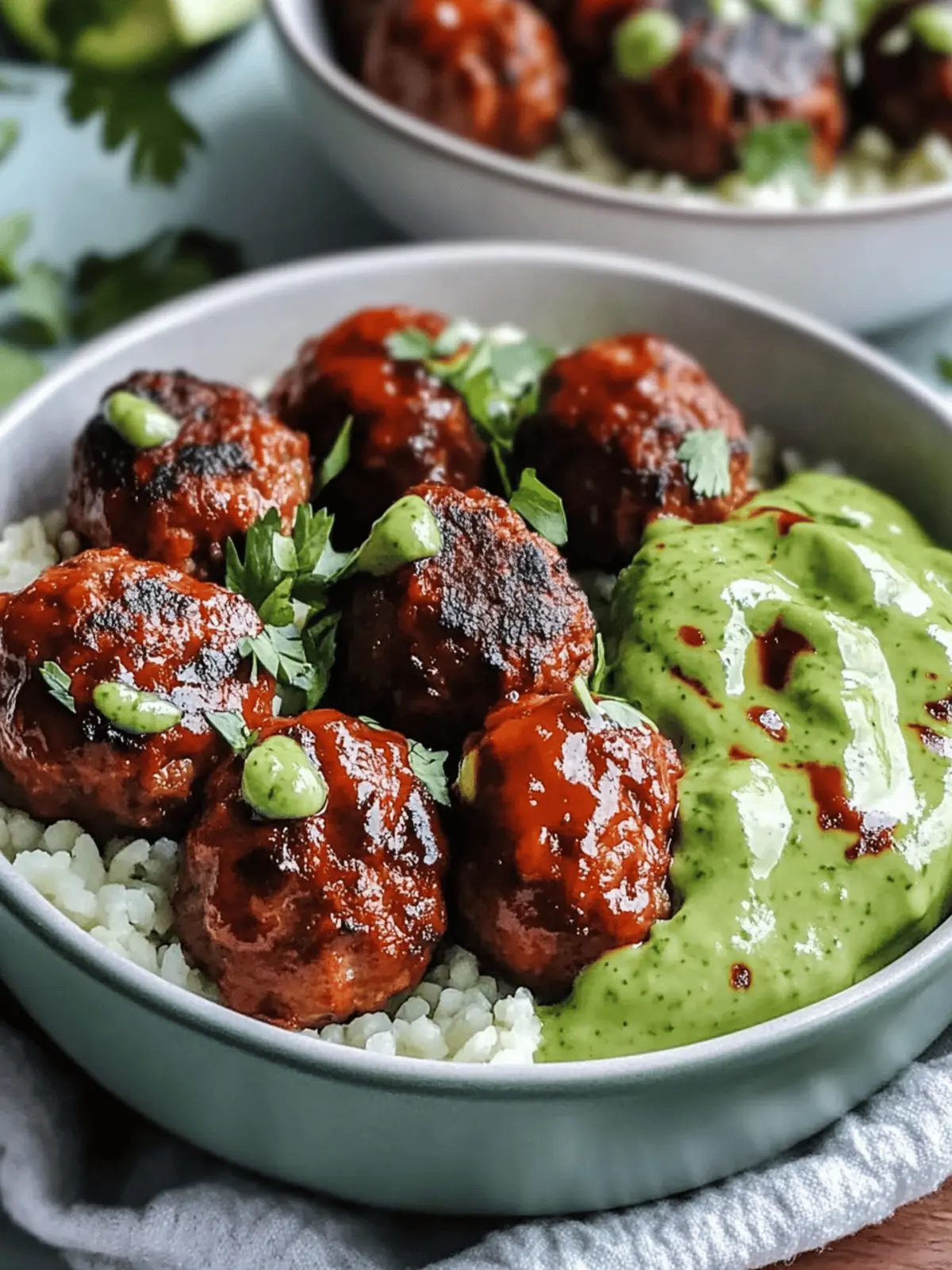 Barbecue Meatball Bowls with Avocado Goddess Sauce