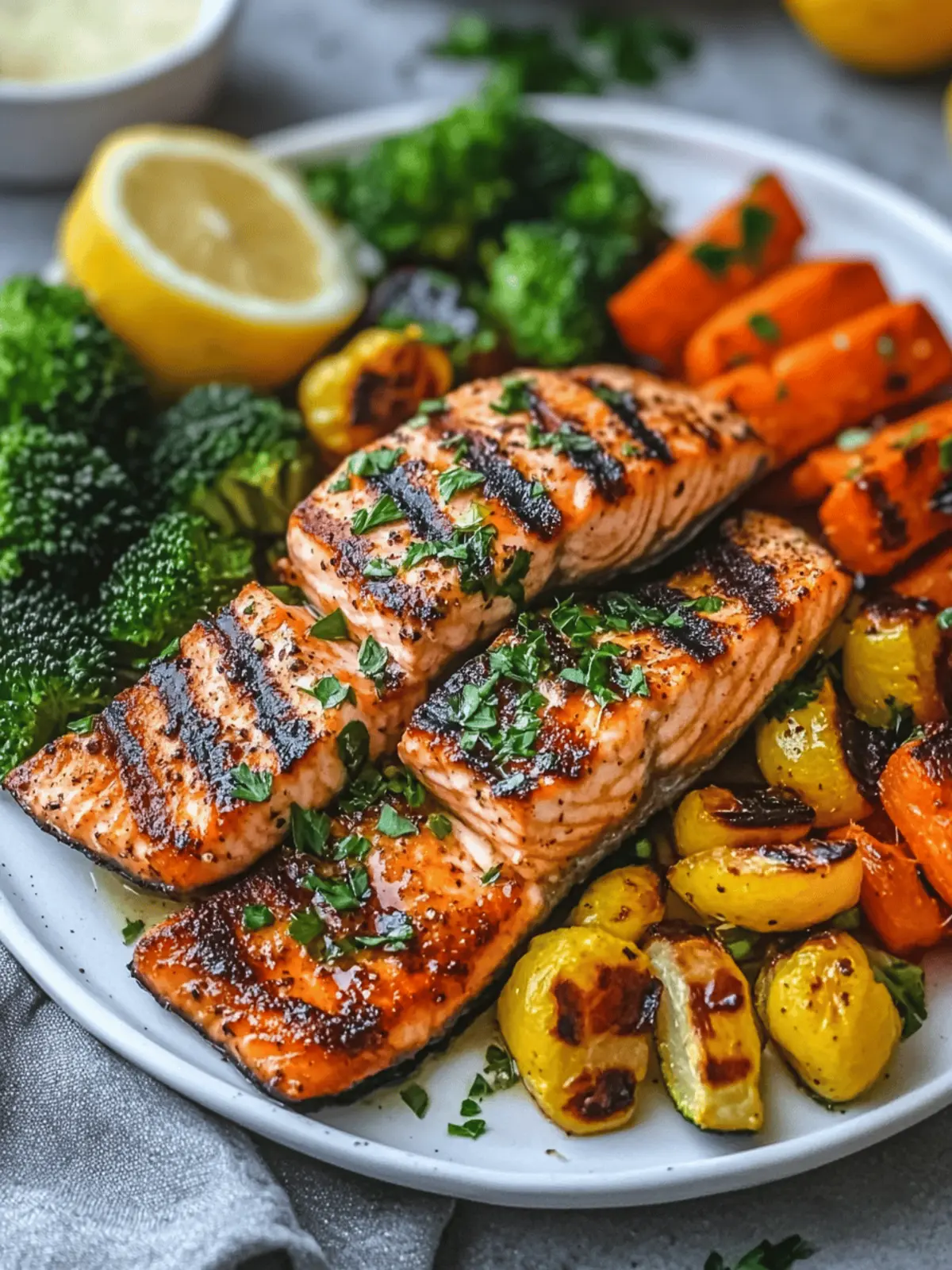 Grilled Lemon Garlic Salmon with Roasted Veggies