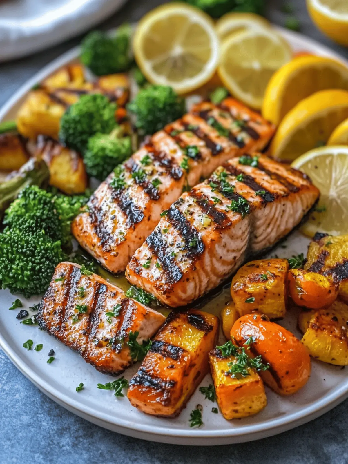 Grilled Lemon Garlic Salmon with Roasted Veggies
