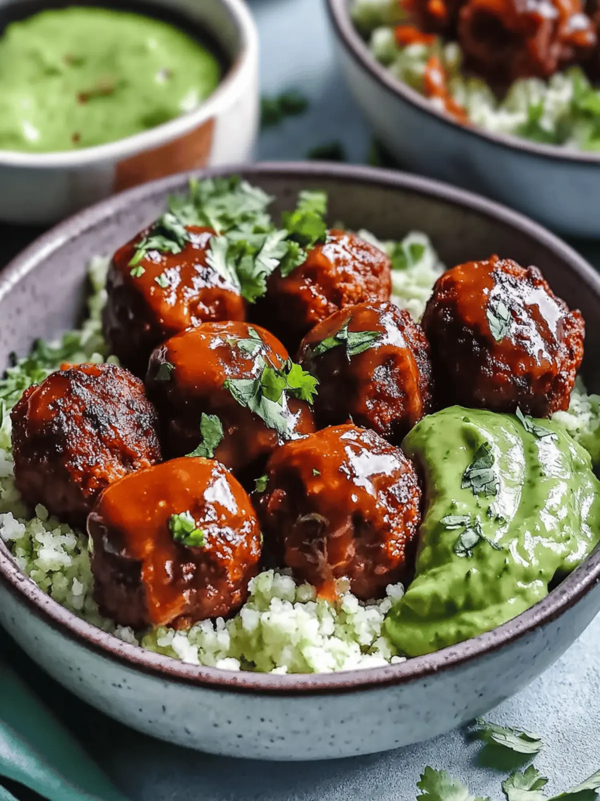 Barbecue Meatball Bowls with Avocado Goddess Sauce