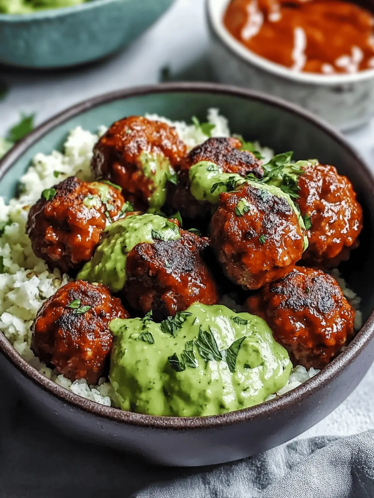 Barbecue Meatball Bowls with Avocado Goddess Sauce