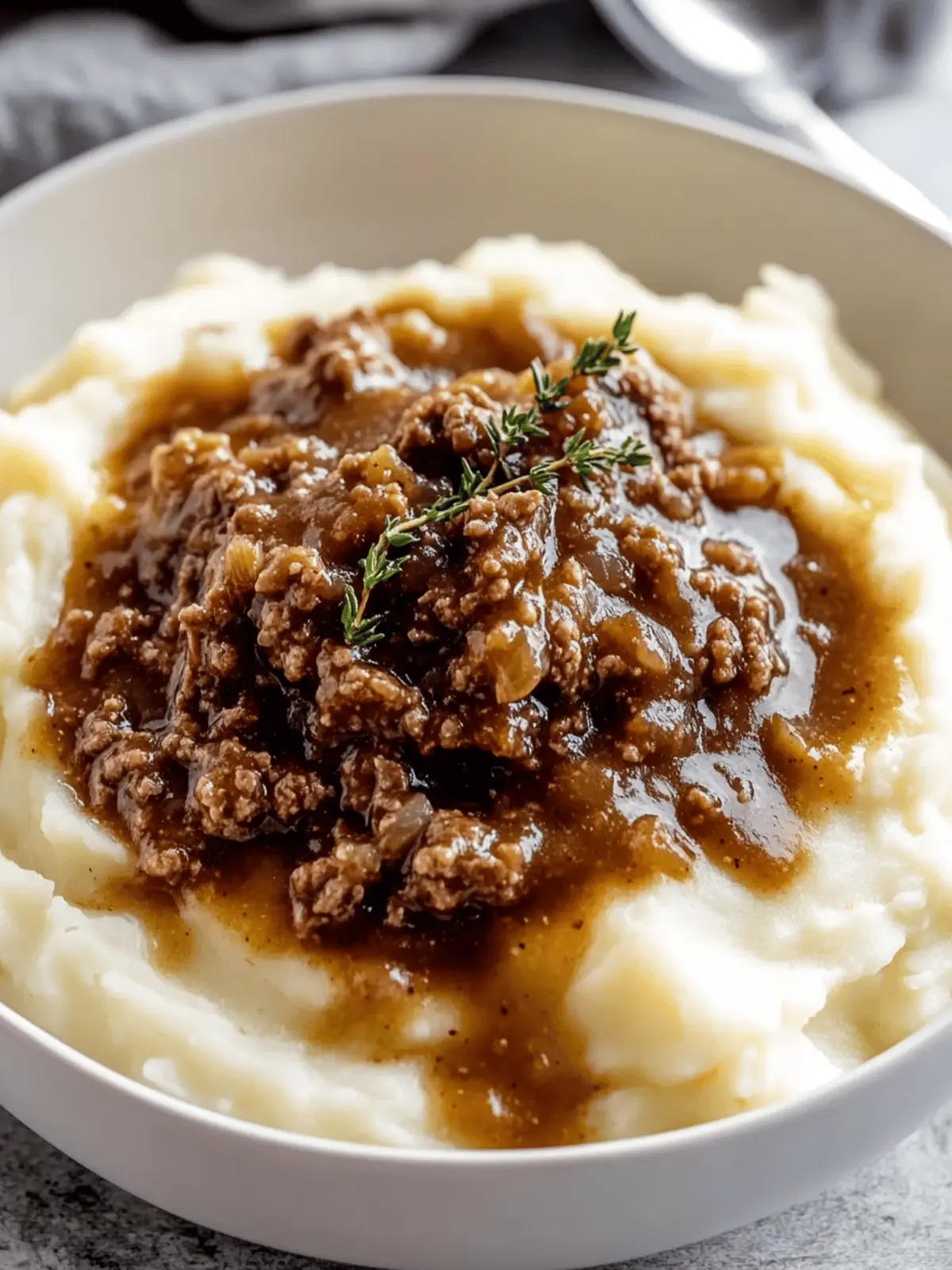Ground Beef and Gravy Over Mashed Potatoes