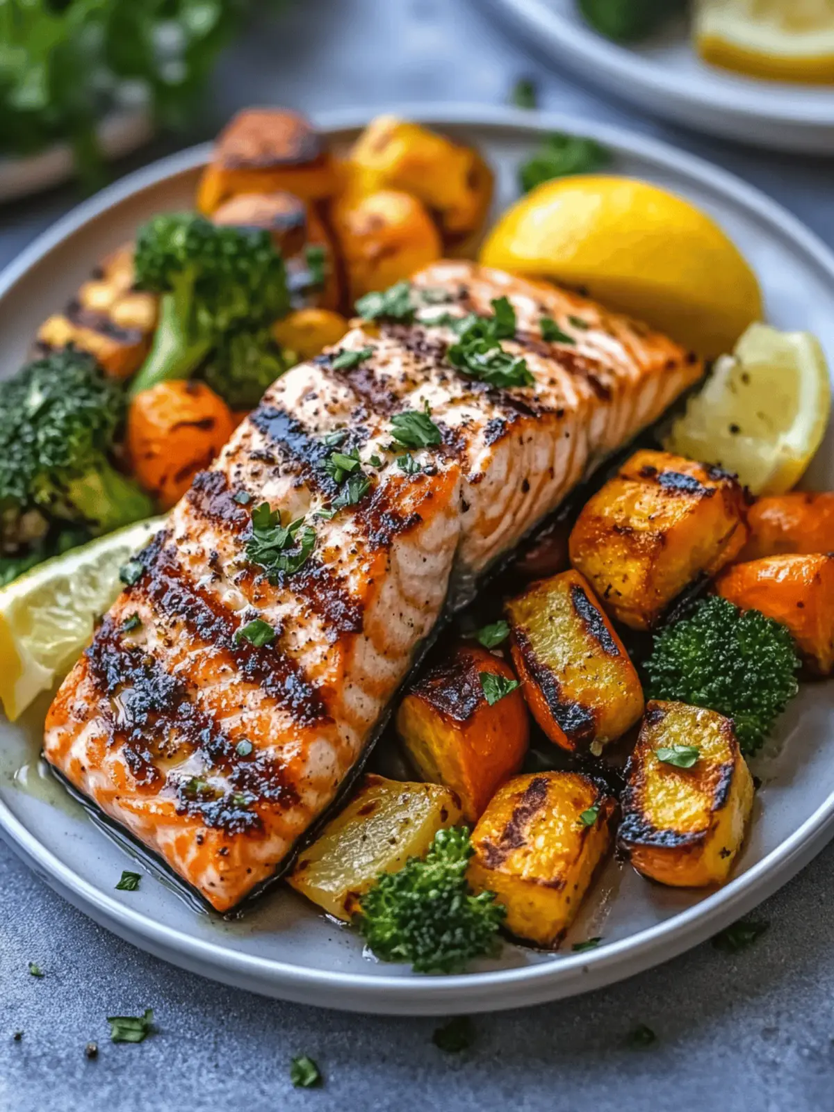 Grilled Lemon Garlic Salmon with Roasted Veggies
