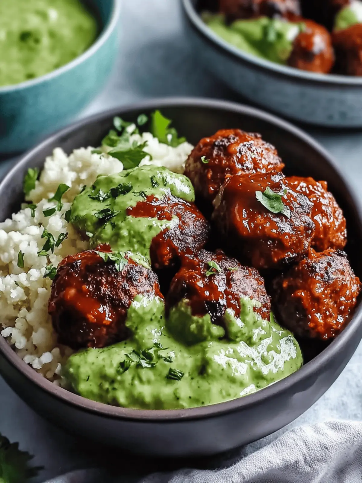 Barbecue Meatball Bowls with Avocado Goddess Sauce