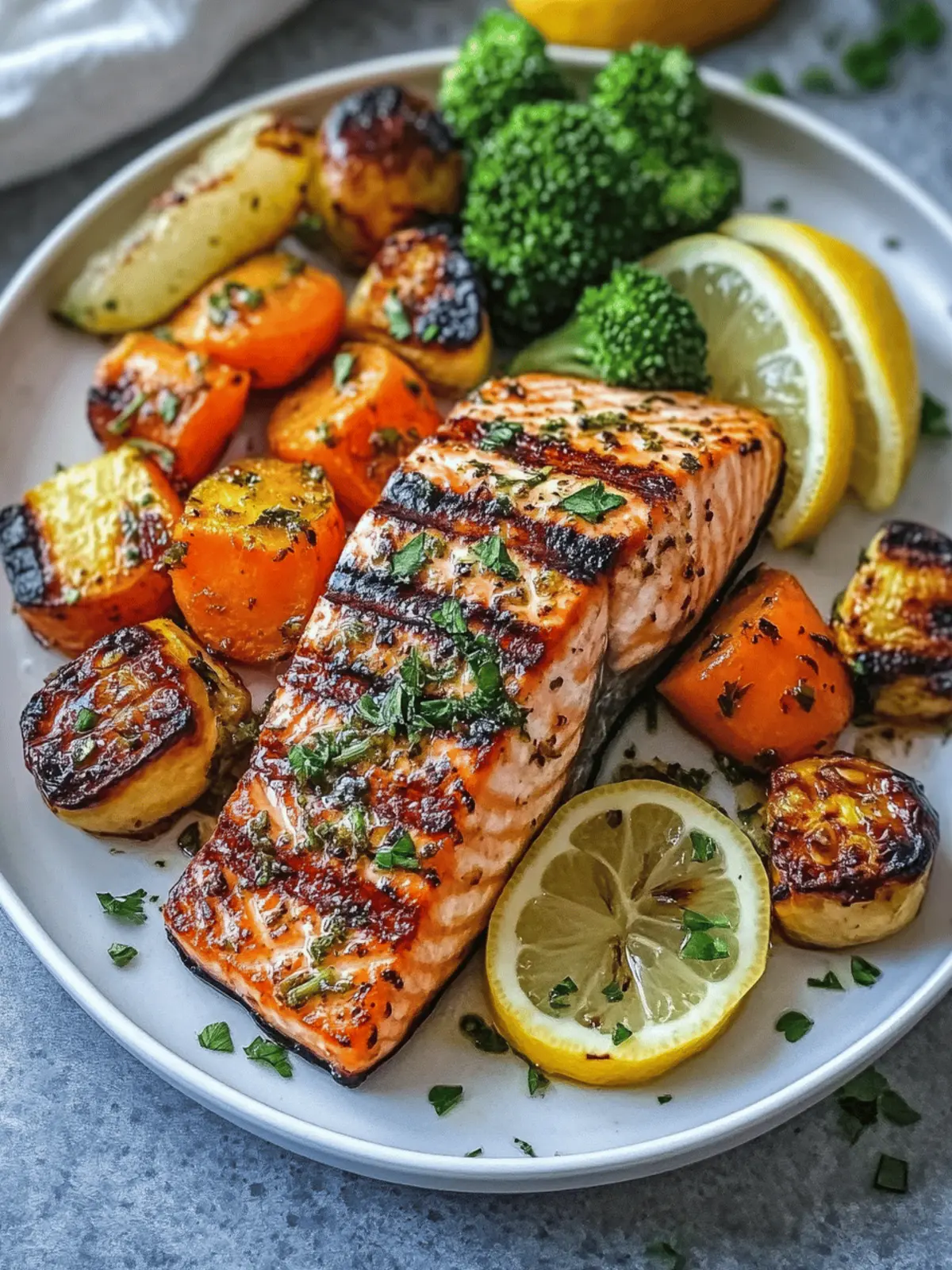 Grilled Lemon Garlic Salmon with Roasted Veggies